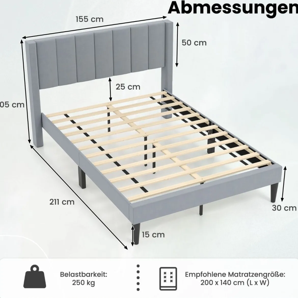 Gepolstertes Doppelbettgestell für 200 x 140 cm Matratze Plattformbett mit Kopfteil Bettgestell Grau