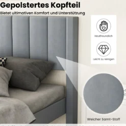Gepolstertes Doppelbettgestell für 200 x 140 cm Matratze Plattformbett mit Kopfteil Bettgestell Grau