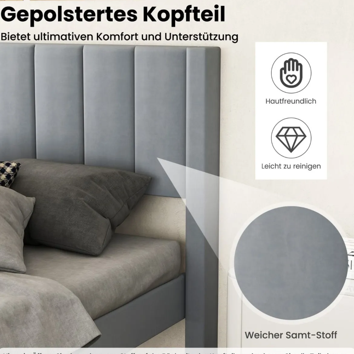 Gepolstertes Doppelbettgestell für 200 x 140 cm Matratze Plattformbett mit Kopfteil Bettgestell Grau