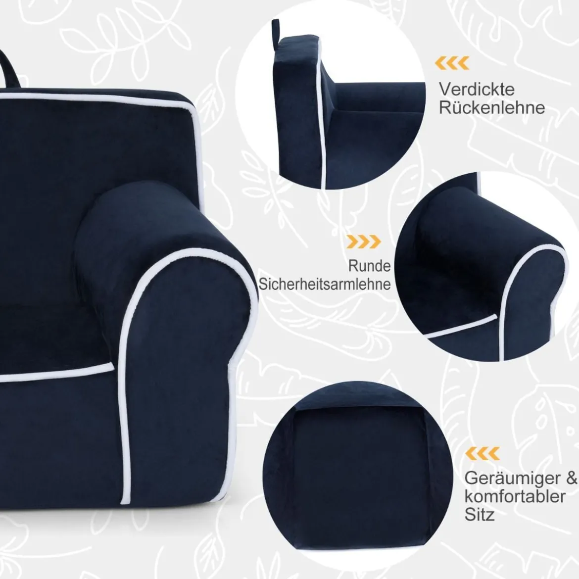 Gepolstertes Kindersofa mit Schaumstofffüllung & Armlehne & Handgriff 68 x 46 x 50 cm Marineblau