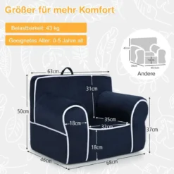 Gepolstertes Kindersofa mit Schaumstofffüllung & Armlehne & Handgriff 68 x 46 x 50 cm Marineblau