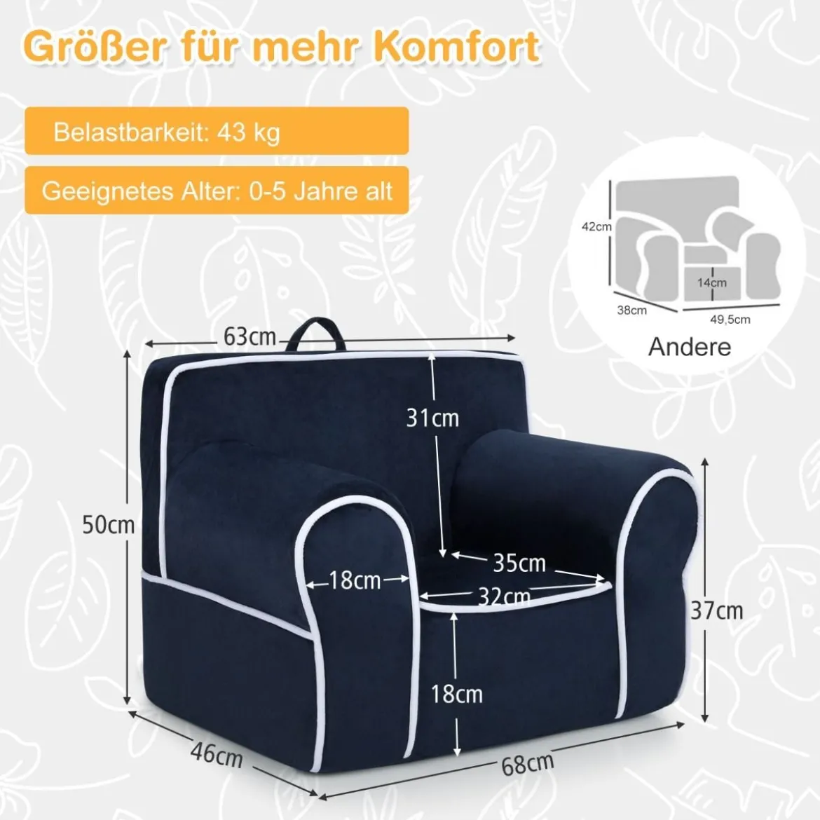 Gepolstertes Kindersofa mit Schaumstofffüllung & Armlehne & Handgriff 68 x 46 x 50 cm Marineblau