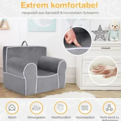 Gepolstertes Kindersofa mit Schaumstofffüllung & Armlehne & Handgriff 68 x 46 x 50 cm Grau