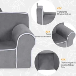 Gepolstertes Kindersofa mit Schaumstofffüllung & Armlehne & Handgriff 68 x 46 x 50 cm Grau