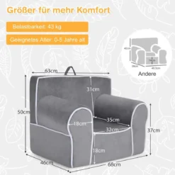 Gepolstertes Kindersofa mit Schaumstofffüllung & Armlehne & Handgriff 68 x 46 x 50 cm Grau