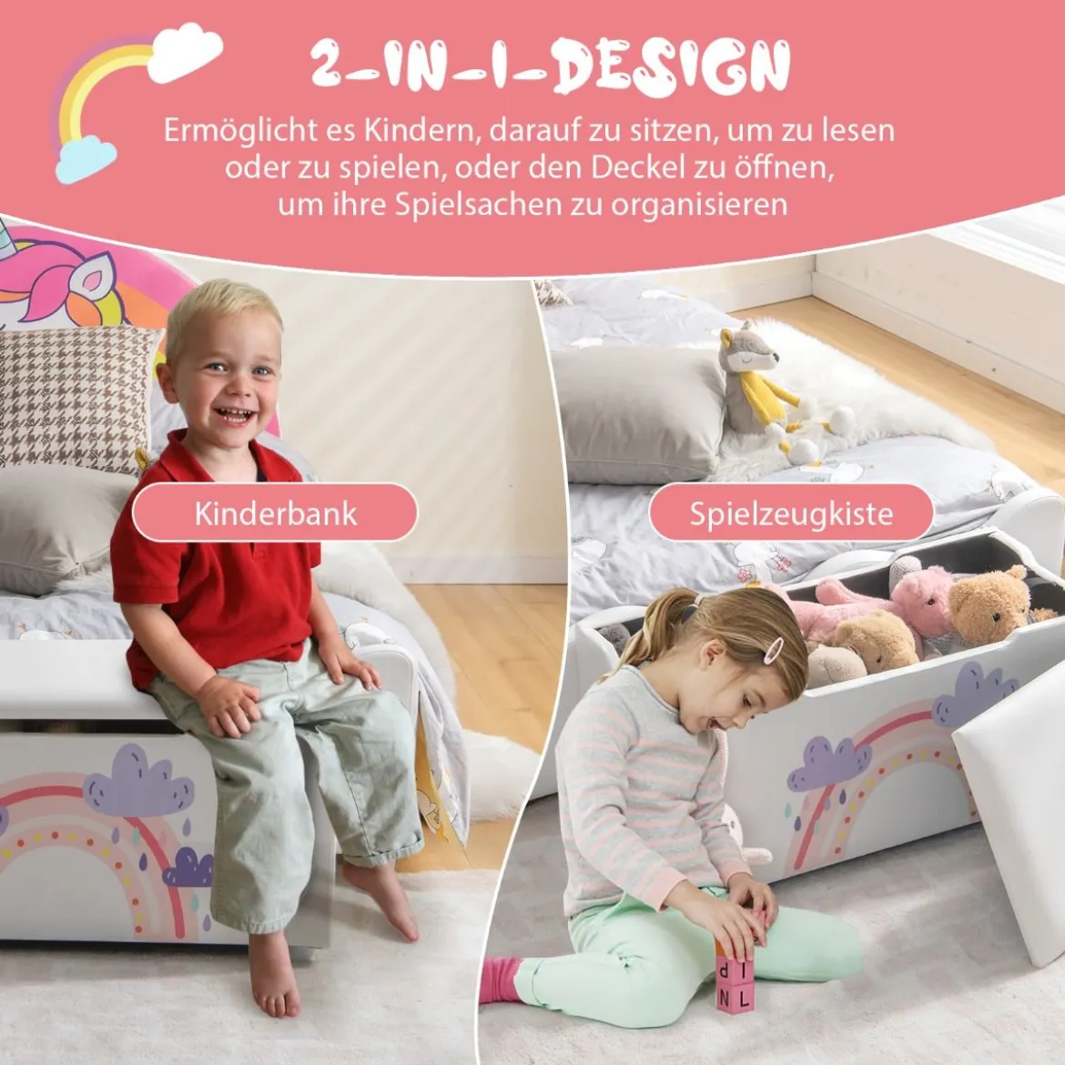 Gepolsterte Spielzeugkiste mit Abnehmbarem Deckel & Raketen 75 x 36 x 38 cm Weiß