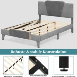 Gepolstertes Plattformbett in Doppelbettgröße Samt-Bettrahmen mit Kopfteil Bettgestell aus massiven Holzlatten 140 x 200 cm Grau