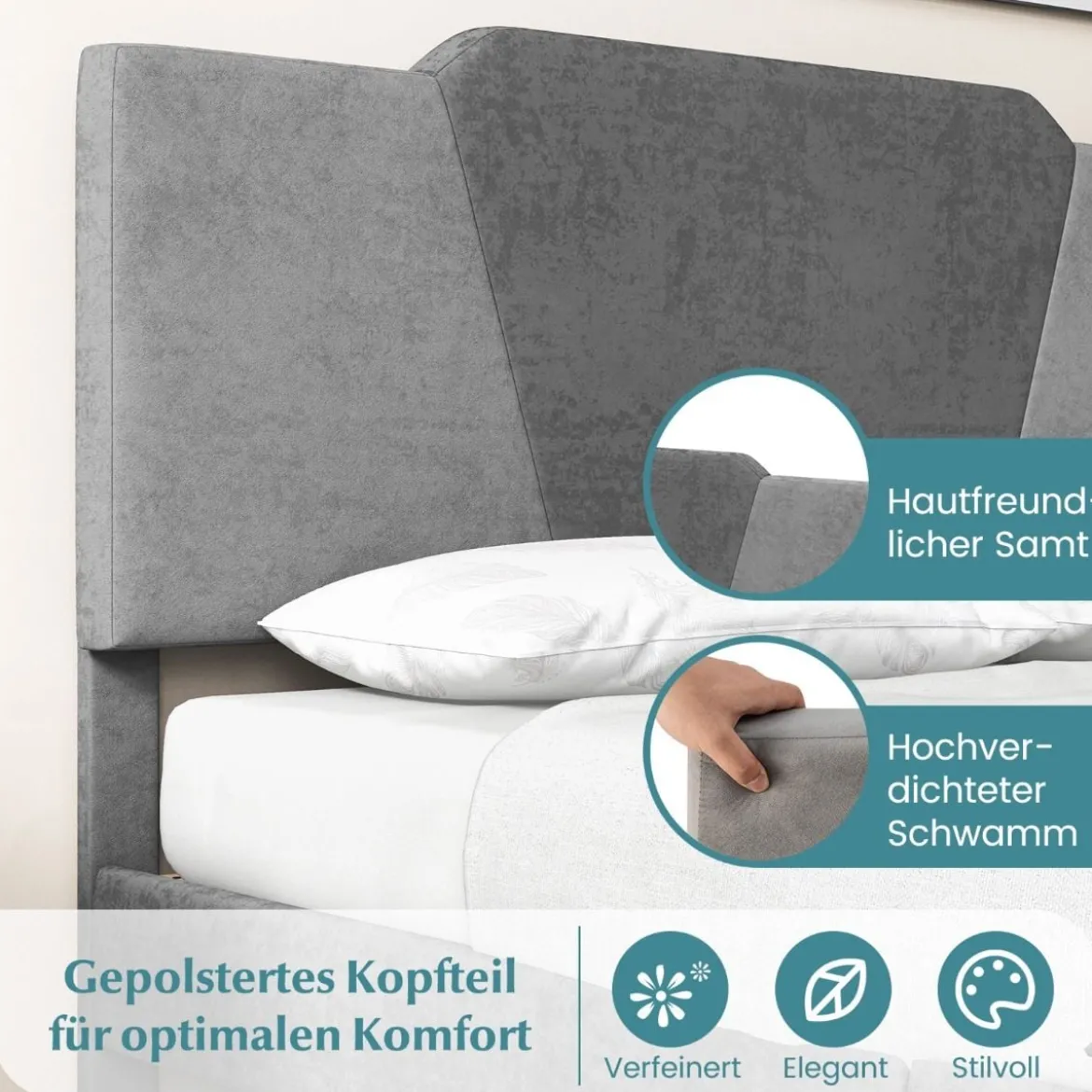 Gepolstertes Plattformbett in Doppelbettgröße Samt-Bettrahmen mit Kopfteil Bettgestell aus massiven Holzlatten 140 x 200 cm Grau
