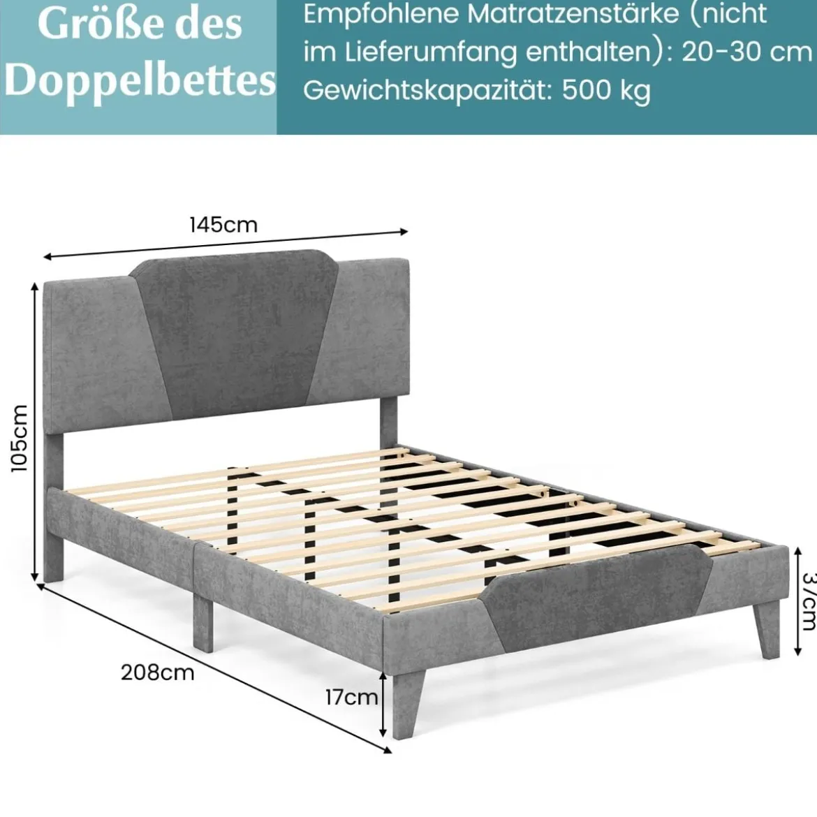 Gepolstertes Plattformbett in Doppelbettgröße Samt-Bettrahmen mit Kopfteil Bettgestell aus massiven Holzlatten 140 x 200 cm Grau