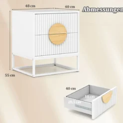 Gerillter Nachttisch Beistelltisch mit 2 Schubladen Kiefernholzgriffen & Metallrahmen Moderner Mid-Century Beistelltisch
