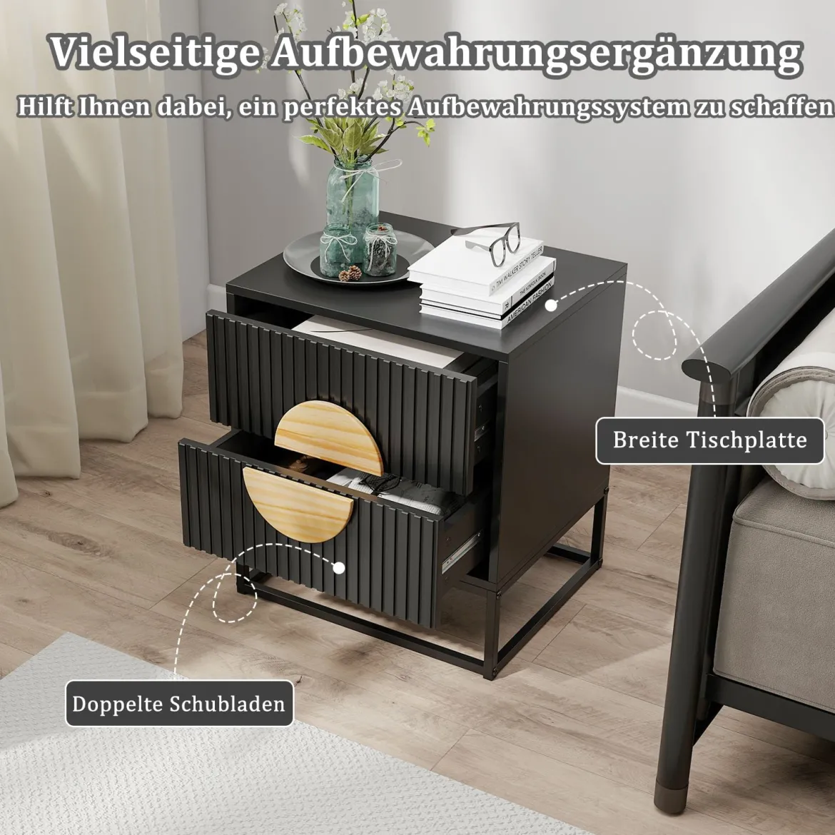 Gerillter Nachttisch Beistelltisch mit 2 Schubladen Kiefernholzgriffen & Metallrahmen Moderner Mid-Century Beistelltisch