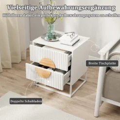 Gerillter Nachttisch Beistelltisch mit 2 Schubladen Kiefernholzgriffen & Metallrahmen Moderner Mid-Century Beistelltisch