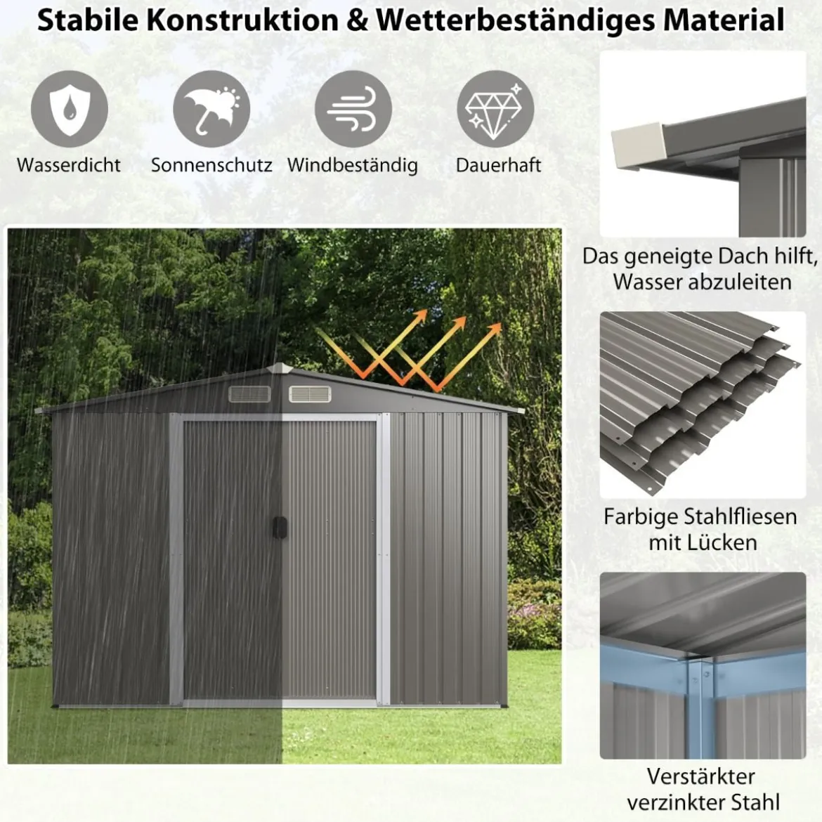 Gerätehaus aus Verzinktem Stahl mit Fundament & Doppeltüren & Rampe 260 x 207 x 180 cm Grau