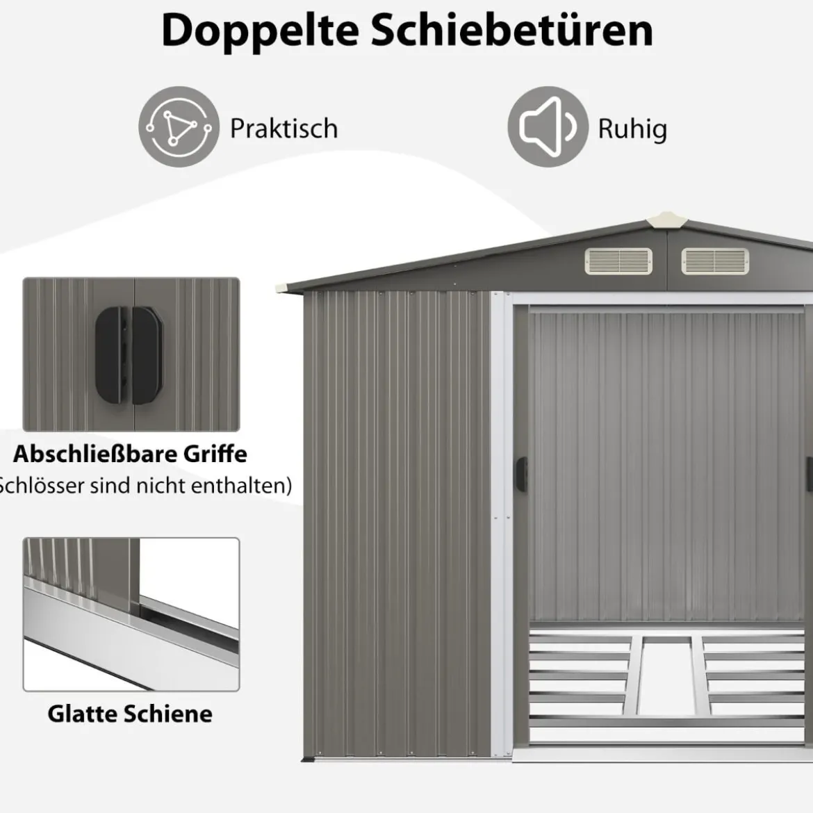 Gerätehaus aus Verzinktem Stahl mit Fundament & Doppeltüren & Rampe 260 x 207 x 180 cm Grau