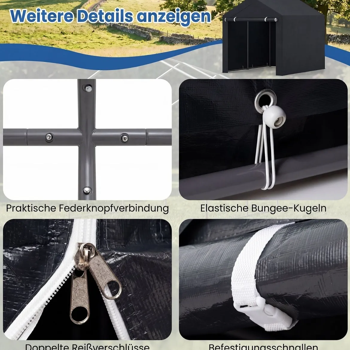 Gerätehaus Garagenzelt mit Aufrollbarer Reißverschlusstür & 6 Metallheringen Dunkelgrau