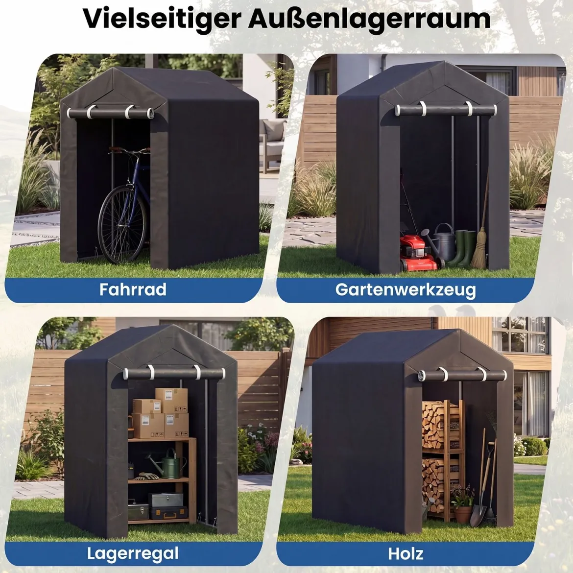 Gerätehaus Garagenzelt mit Aufrollbarer Reißverschlusstür & 6 Metallheringen Dunkelgrau