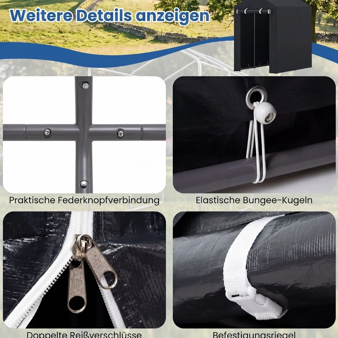 Gerätehaus Garagenzelt mit Aufrollbarer Reißverschlusstür & 6 Metallheringen Dunkelgrau