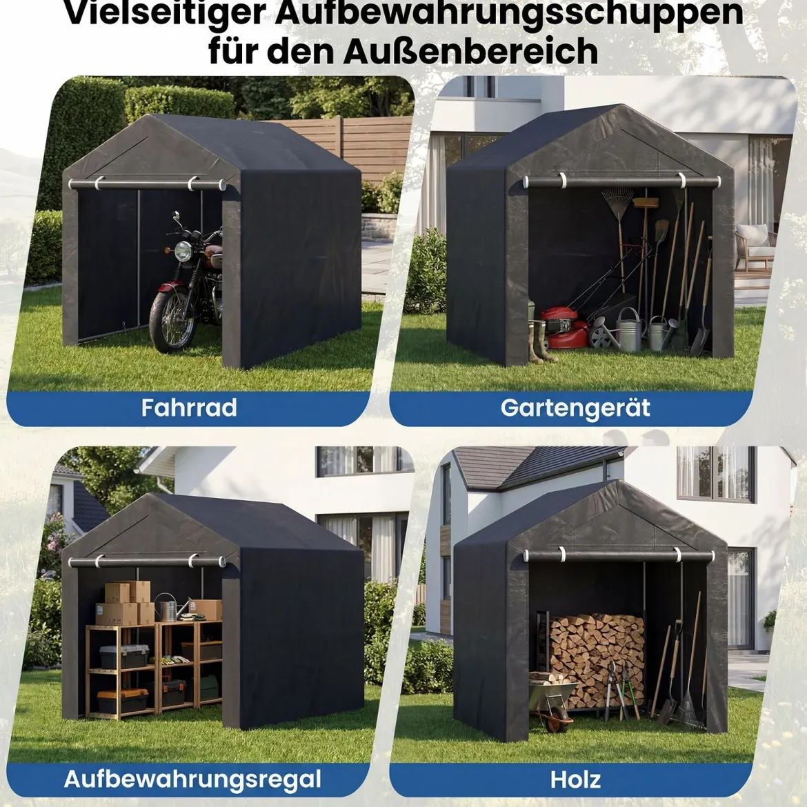 Gerätehaus Garagenzelt mit Aufrollbarer Reißverschlusstür & 6 Metallheringen Dunkelgrau