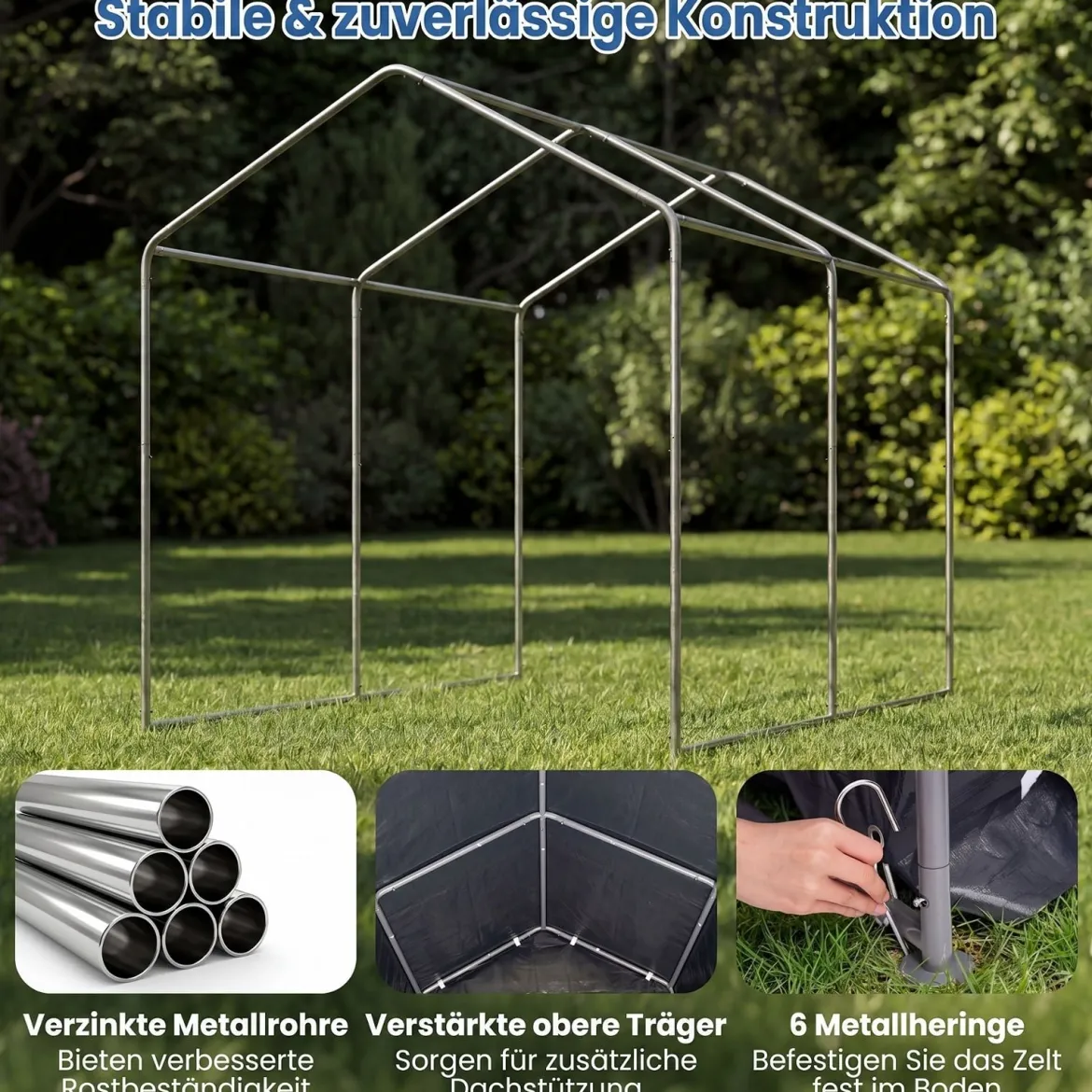 Gerätehaus Garagenzelt mit Aufrollbarer Reißverschlusstür & 6 Metallheringen Dunkelgrau