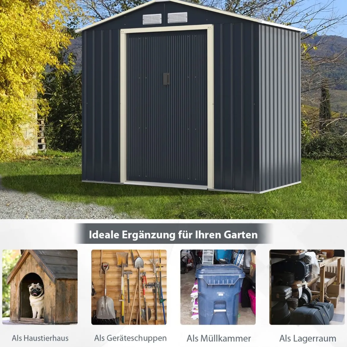 Gerätehaus Metall Erweitert-213 x 191 x 195 cm Geräteschuppen abschließbar Gartenhaus mit 4 Luftschlitzen