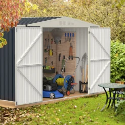 Gerätehaus Metall 246 x 193 x 180 cm Geräteschuppen abschließbar Gartenhaus mit Pultdach & Belüftungsöffnung Grau