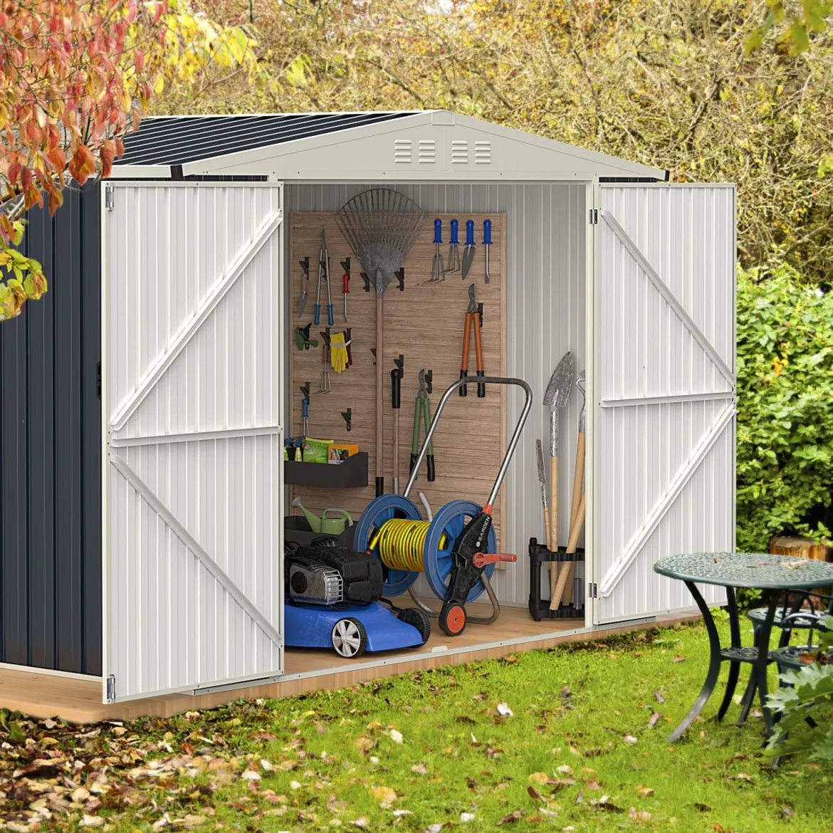 Gerätehaus Metall 246 x 193 x 180 cm Geräteschuppen abschließbar Gartenhaus mit Pultdach & Belüftungsöffnung Grau