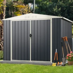 Gerätehaus Metall 246 x 193 x 180 cm Geräteschuppen abschließbar Gartenhaus mit Pultdach & Belüftungsöffnung Grau