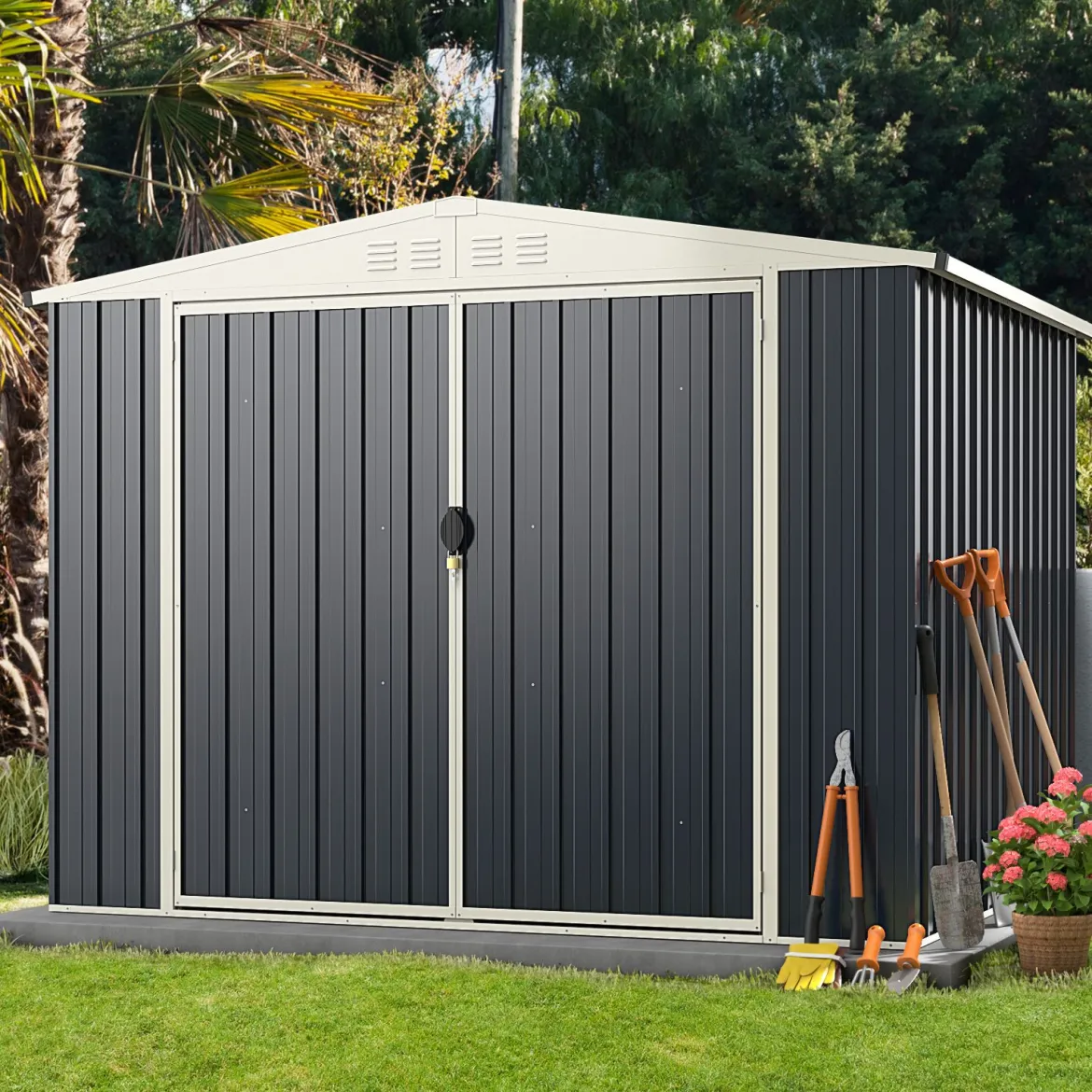 Gerätehaus Metall 246 x 193 x 180 cm Geräteschuppen abschließbar Gartenhaus mit Pultdach & Belüftungsöffnung Grau