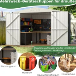 Gerätehaus Metall 246 x 193 x 180 cm Geräteschuppen abschließbar Gartenhaus mit Pultdach & Belüftungsöffnung Grau