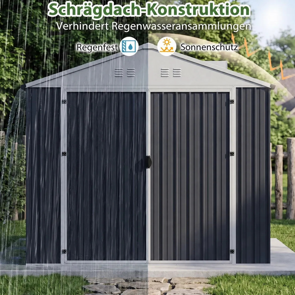 Geräteschuppen Gerätehaus aus Verzinktem Stahl 238 x 193 x 208 cm Gartenhaus mit Satteldach Grau