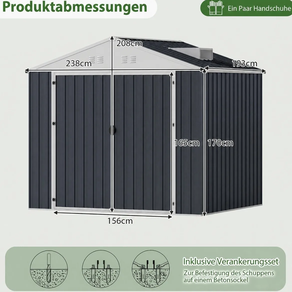 Geräteschuppen Gerätehaus aus Verzinktem Stahl 238 x 193 x 208 cm Gartenhaus mit Satteldach Grau
