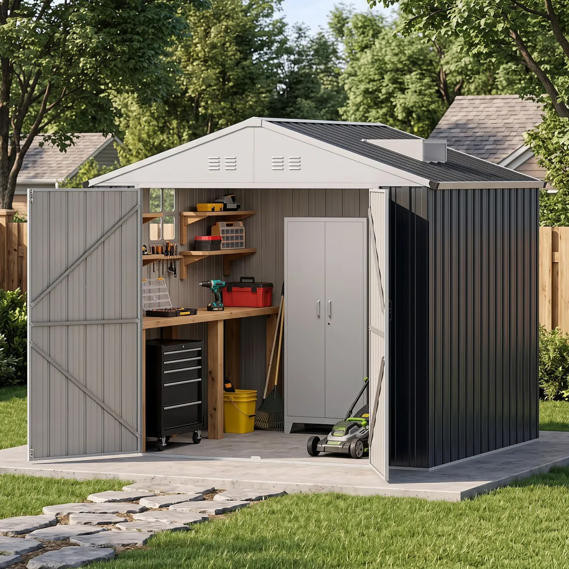 Geräteschuppen Gerätehaus aus Verzinktem Stahl 238 x 193 x 208 cm Gartenhaus mit Satteldach Grau