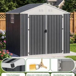 Geräteschuppen Gerätehaus aus Verzinktem Stahl 238 x 193 x 208 cm Gartenhaus mit Satteldach Grau