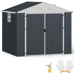 Geräteschuppen Gerätehaus aus Verzinktem Stahl 238 x 193 x 208 cm Gartenhaus mit Satteldach Grau