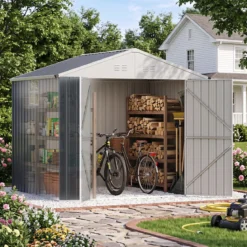 Geräteschuppen Gerätehaus aus Verzinktem Stahl 238 x 193 x 208 cm Gartenhaus mit Satteldach Grau