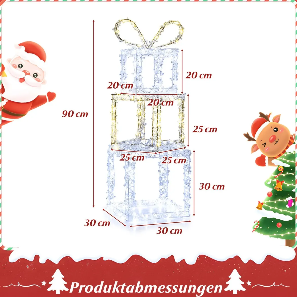 Gestapelte beleuchtete Geschenkboxen 3er-Set Weihnachtsgeschenkboxen mit warmweißen & kaltweißen LED-Lichtern Mehrfarbig