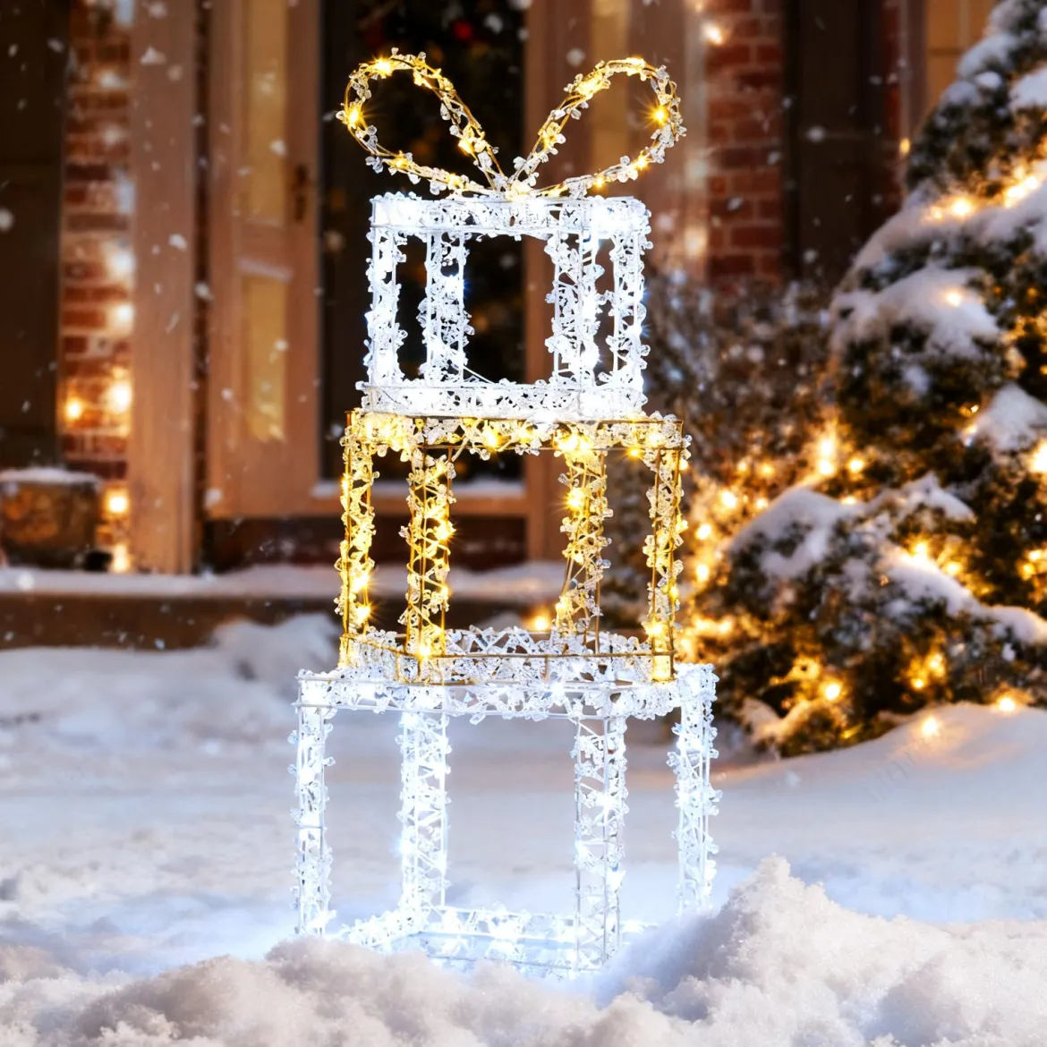 Gestapelte beleuchtete Geschenkboxen 3er-Set Weihnachtsgeschenkboxen mit warmweißen & kaltweißen LED-Lichtern Mehrfarbig
