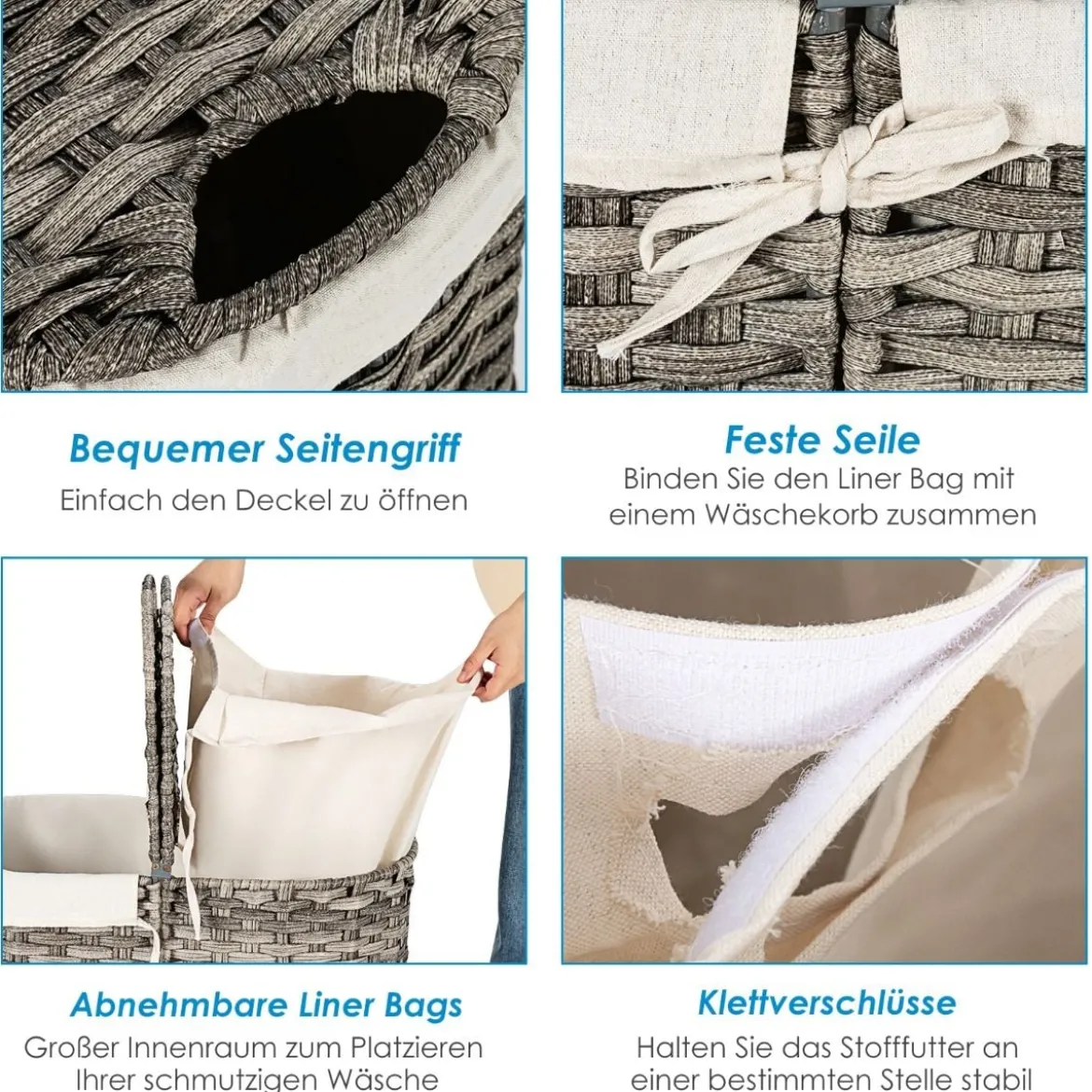 Geteilter Wäschekorb mit Deckel handgeflochtener 110L Wäschekorb 60,5 x 34 x 61,5 cm Grau