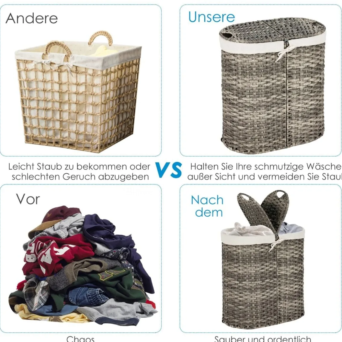 Geteilter Wäschekorb mit Deckel handgeflochtener 110L Wäschekorb 60,5 x 34 x 61,5 cm Grau