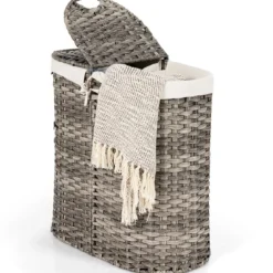 Geteilter Wäschekorb mit Deckel handgeflochtener 110L Wäschekorb 60,5 x 34 x 61,5 cm Grau