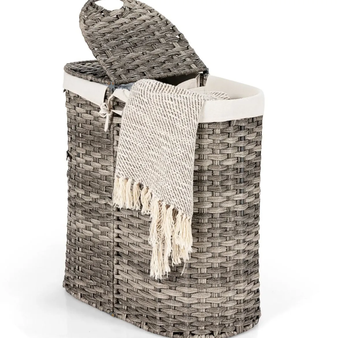 Geteilter Wäschekorb mit Deckel handgeflochtener 110L Wäschekorb 60,5 x 34 x 61,5 cm Grau