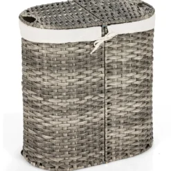 Geteilter Wäschekorb mit Deckel handgeflochtener 110L Wäschekorb 60,5 x 34 x 61,5 cm Grau