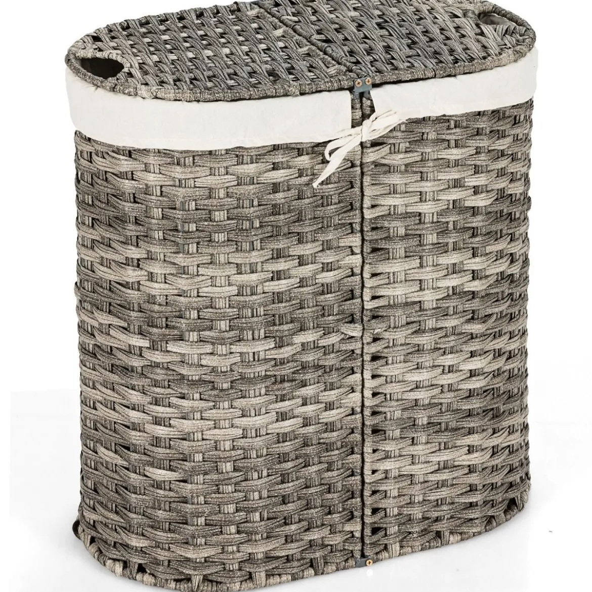 Geteilter Wäschekorb mit Deckel handgeflochtener 110L Wäschekorb 60,5 x 34 x 61,5 cm Grau