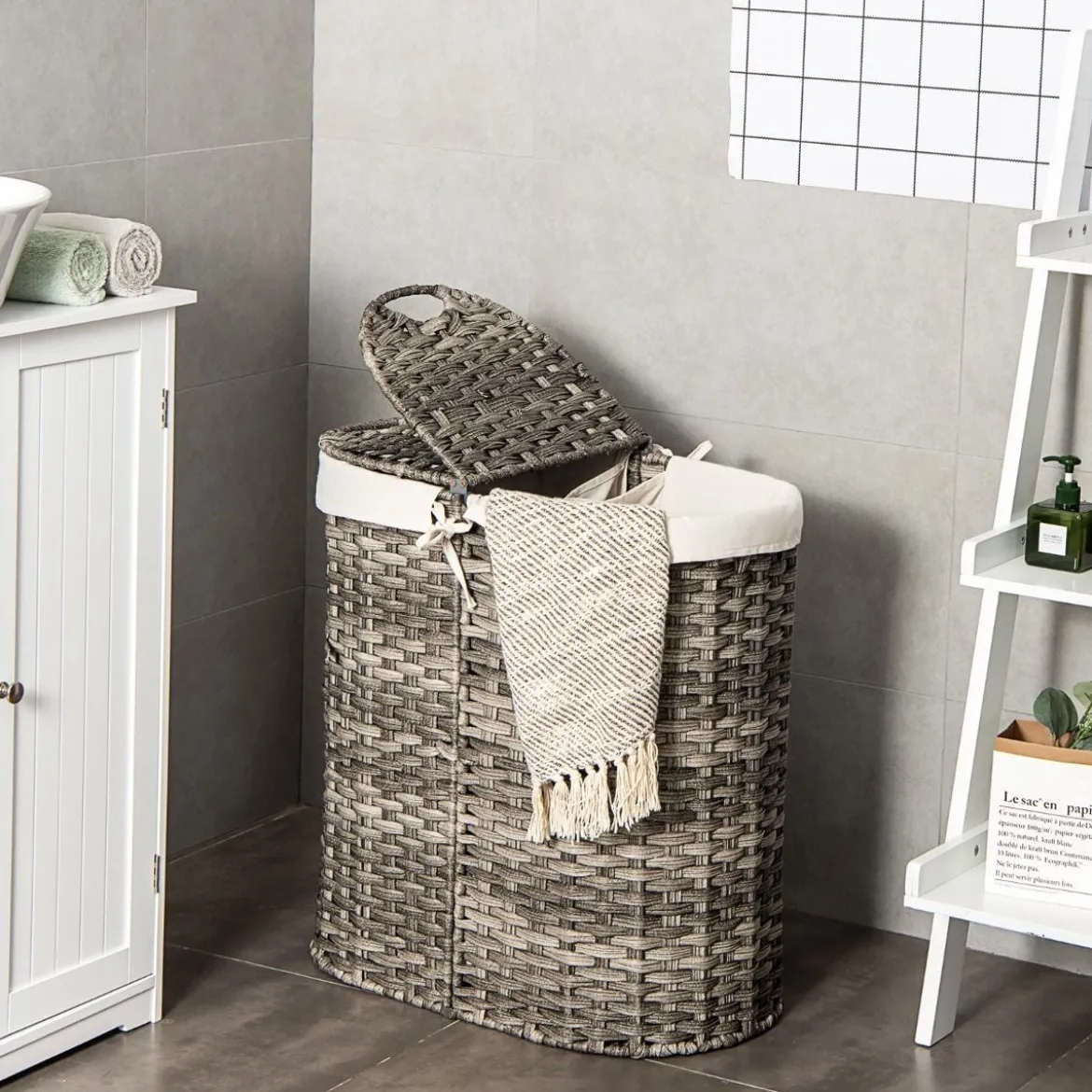 Geteilter Wäschekorb mit Deckel handgeflochtener 110L Wäschekorb 60,5 x 34 x 61,5 cm Grau