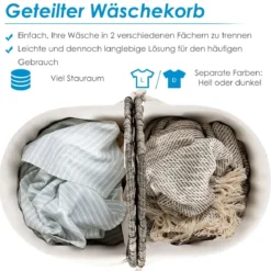 Geteilter Wäschekorb mit Deckel handgeflochtener 110L Wäschekorb 60,5 x 34 x 61,5 cm Grau