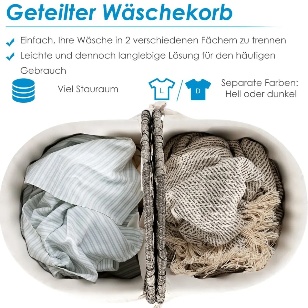 Geteilter Wäschekorb mit Deckel handgeflochtener 110L Wäschekorb 60,5 x 34 x 61,5 cm Grau