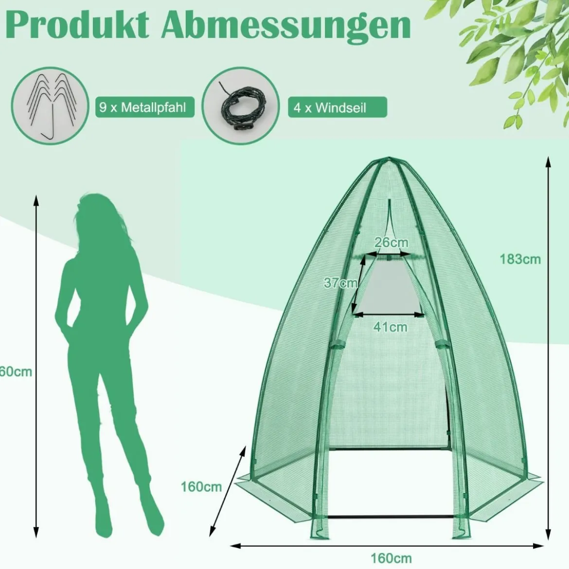 Gewächshaus Gartentreibhaus mit Allwetter-PE-Abdeckung 160 x 160 x 183 cm Grün