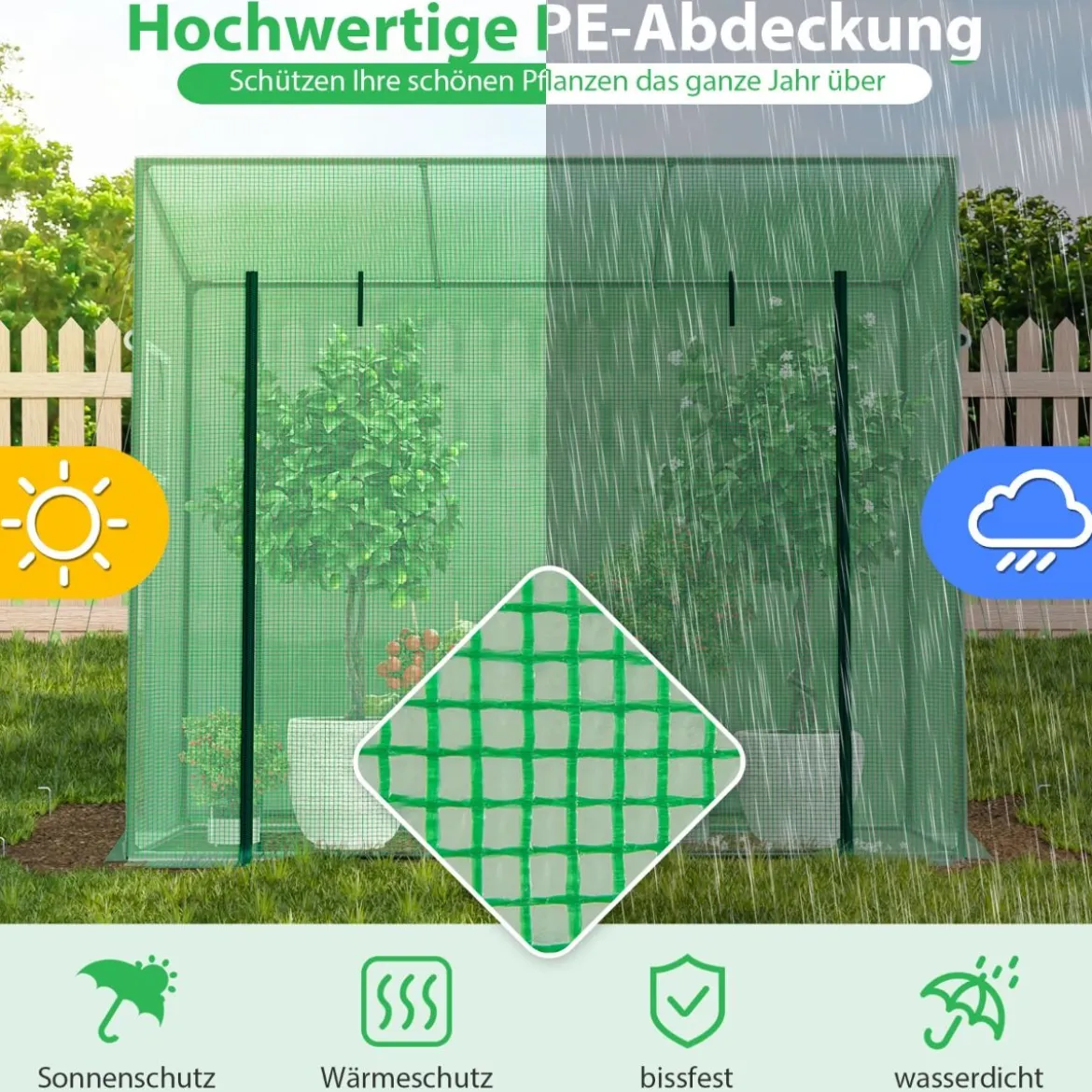 Gewächshaus mit Aufrollbarer Tür & 2 Netzfenstern Foliengewächshaus 200 x 77 x 169 cm Grün