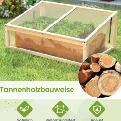 Gewächshaus Treibhaus Holz erhöhtes Pflanzbeet mit transparenter Klapp-Dach tragbares Pflanzenbeet Natur 94 x 63 x 40 cm