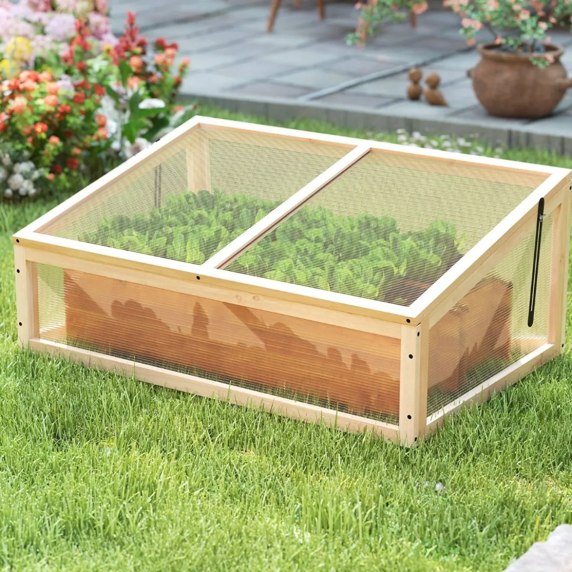 Gewächshaus Treibhaus Holz erhöhtes Pflanzbeet mit transparenter Klapp-Dach Orange 94 x 63 x 40 cm